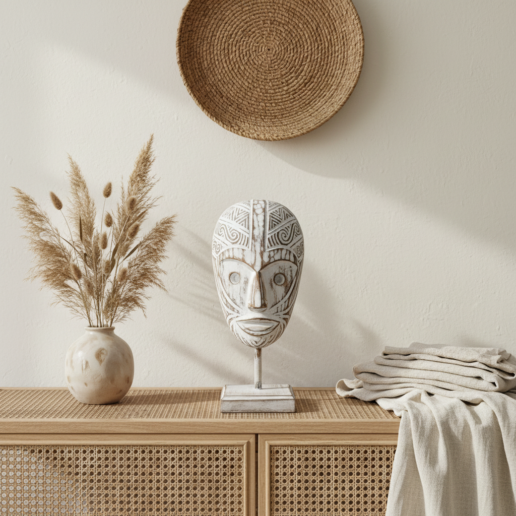 A carved white decorative mask on a stand displayed on a light wood cabinet, styled with a vase of pampas grass, folded linen textiles, and a woven wall hanging against a warm off-white wall.