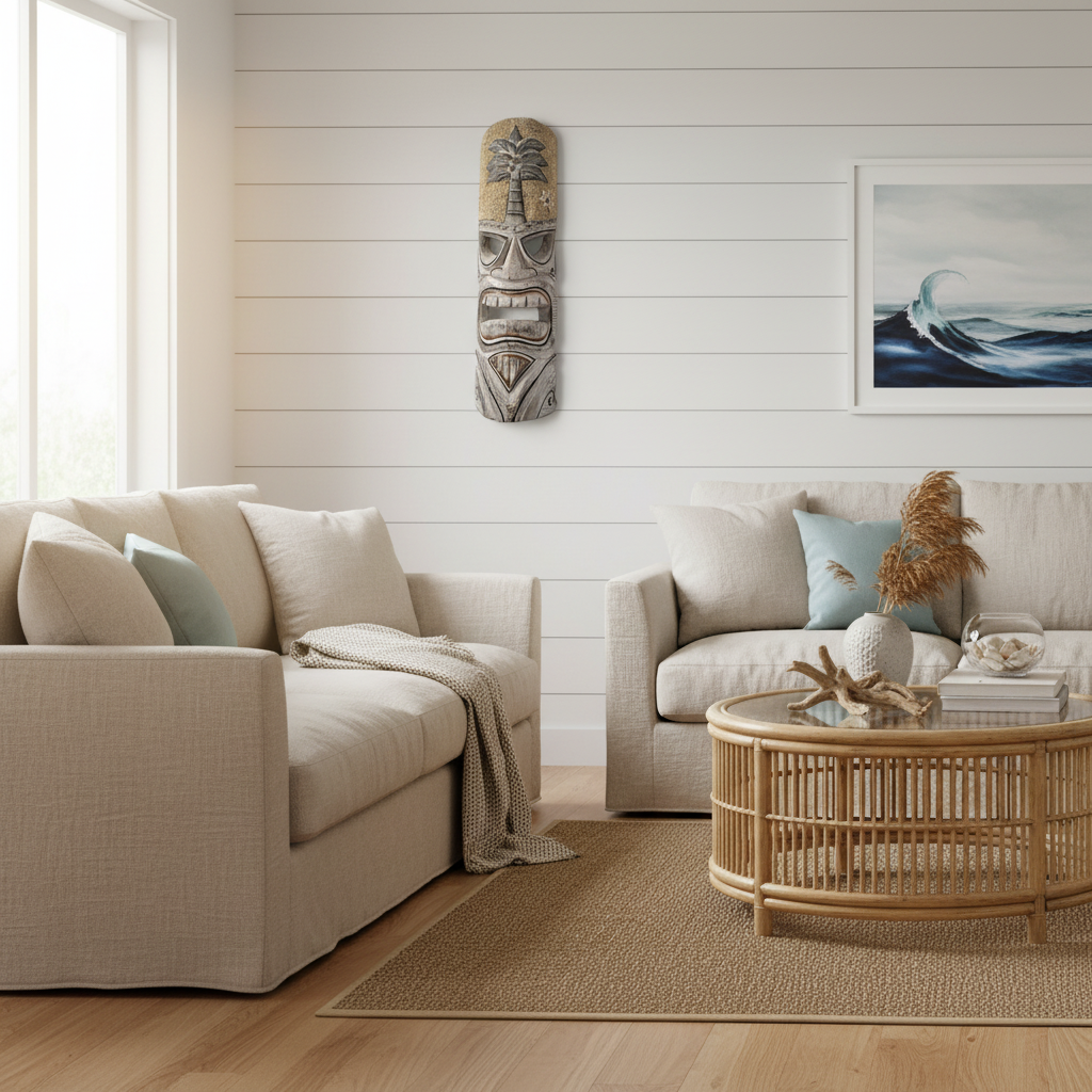 displayed as a small wall accent in a relaxed coastal beach house interior with rattan furniture and natural linen