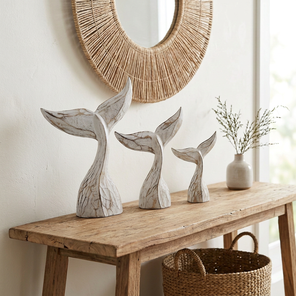 white washed whale tails style in a rustic style home scene ona console table 