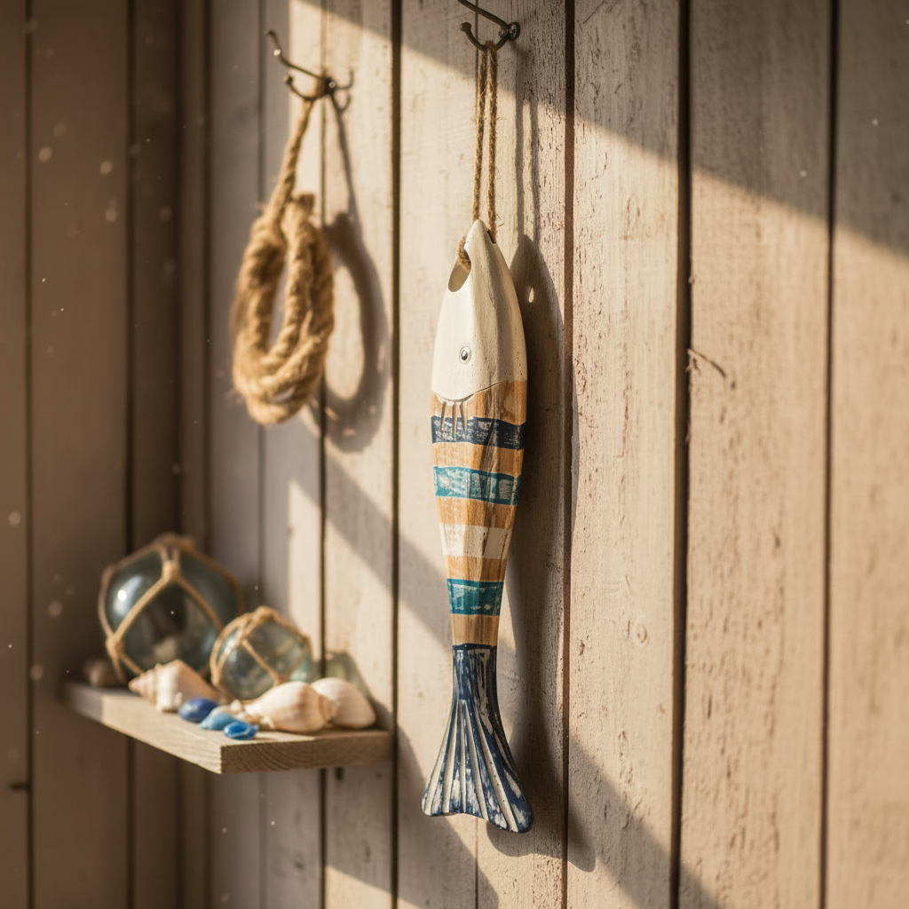 hanging on jute rope against a weathered timber wall in a rustic coastal shed, with warm natural light and raw plank detailing
