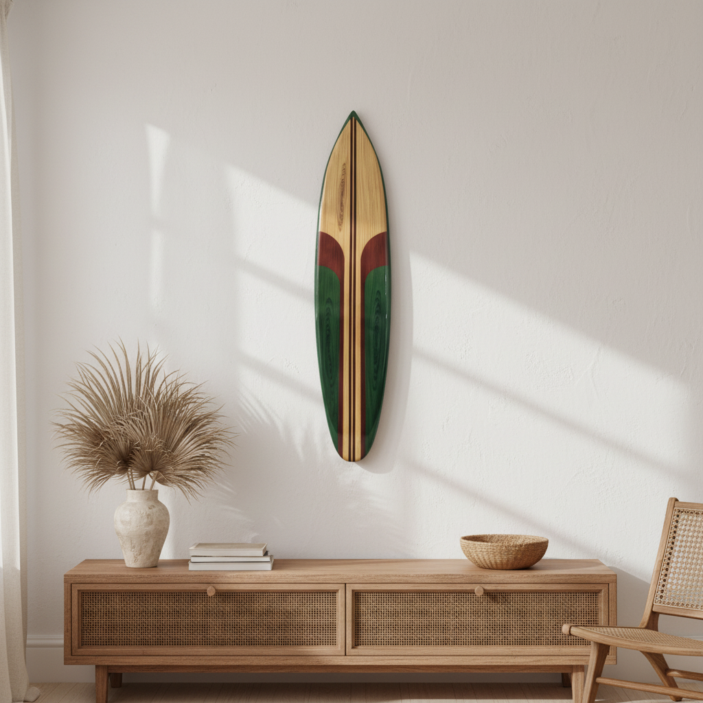 Green, red and natural timber board hung vertically on a white wall above a rattan sideboard with dried palm fronds in a stone vase | Azure Decor
