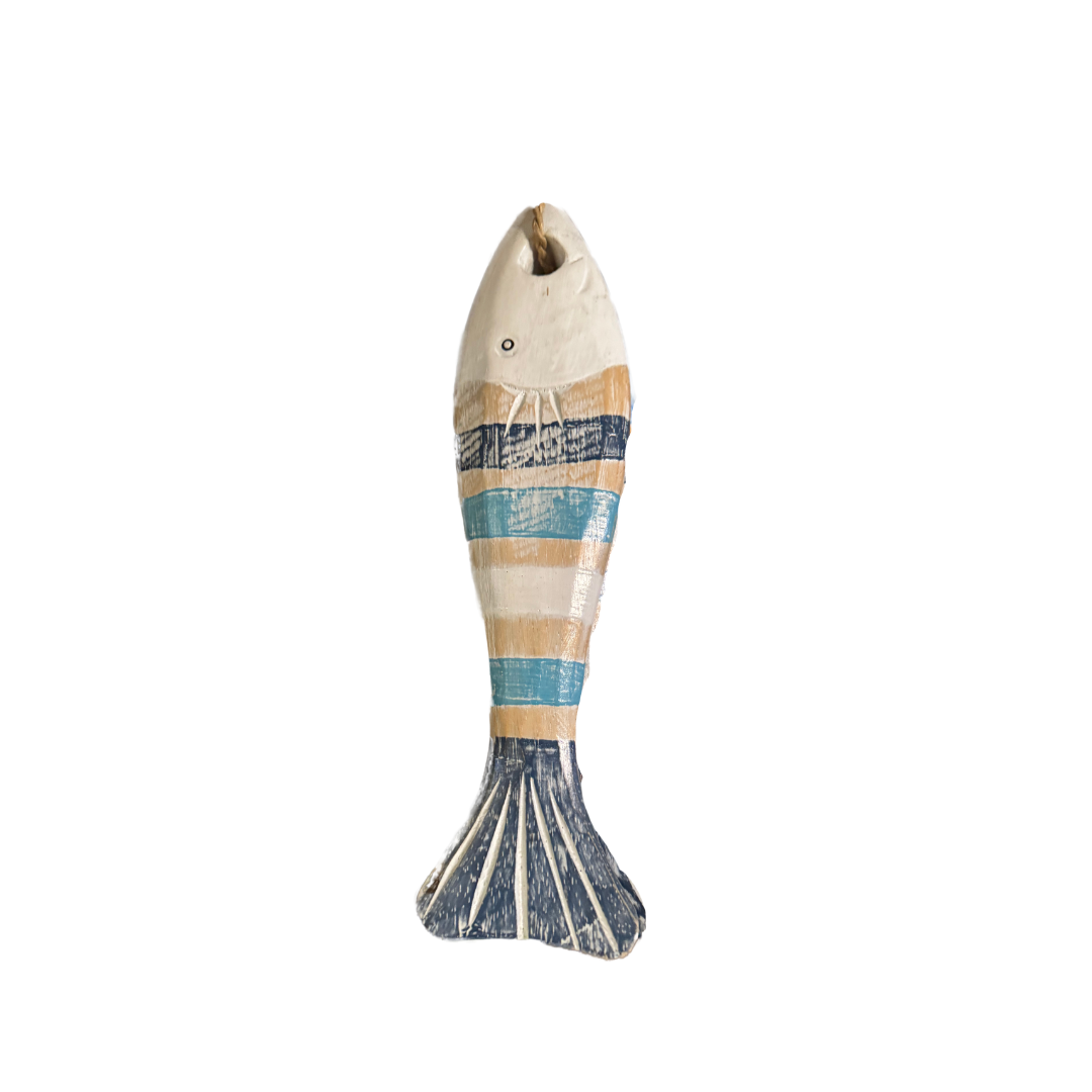 A fish-shaped decorative wall hanging or plush ornament with a distressed striped pattern in beige, navy blue, and light blue, shown against a plain white background.