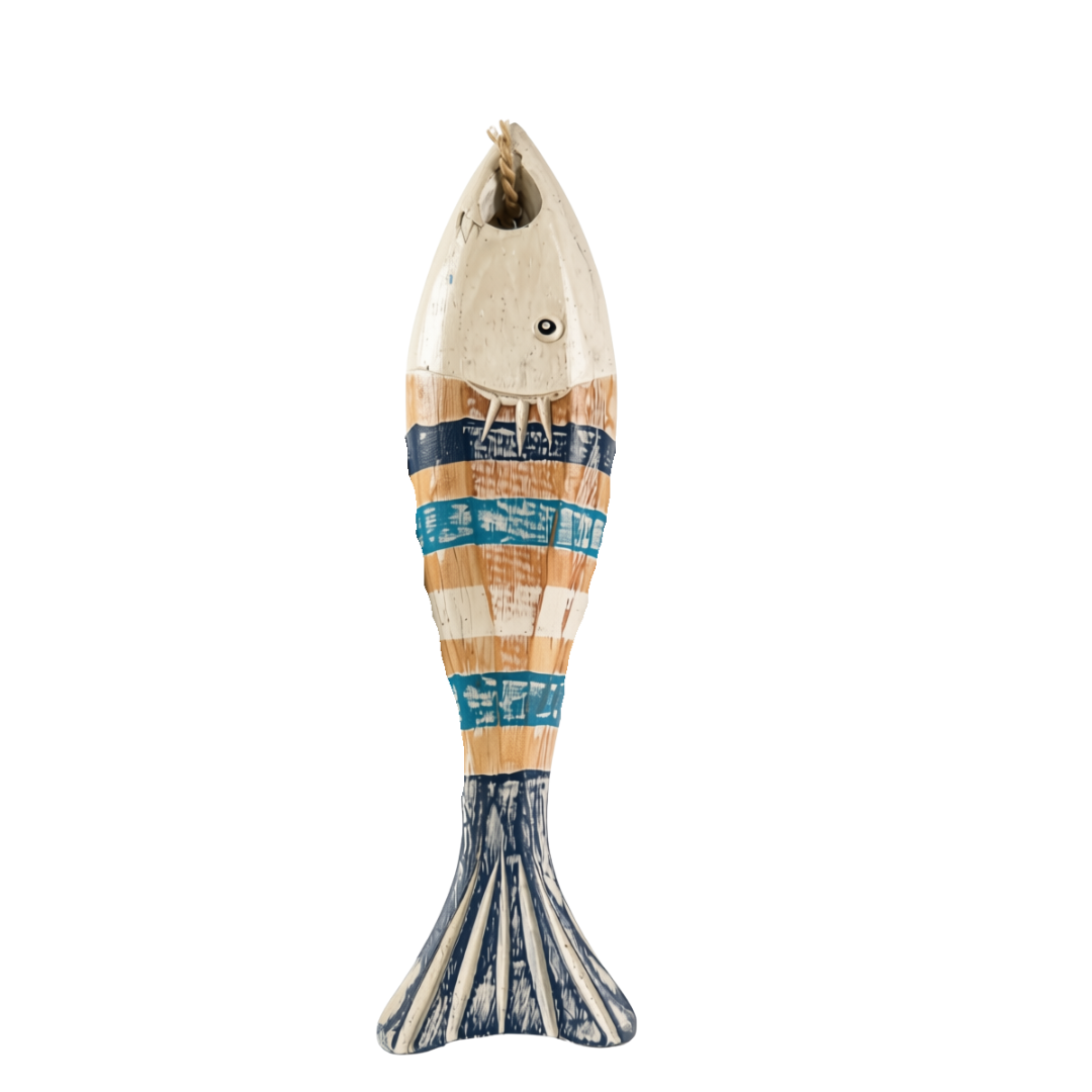 A decorative fish-shaped wall hanging or ornament with a distressed painted finish, featuring cream, tan, blue, and navy stripes, shown against a plain white background.