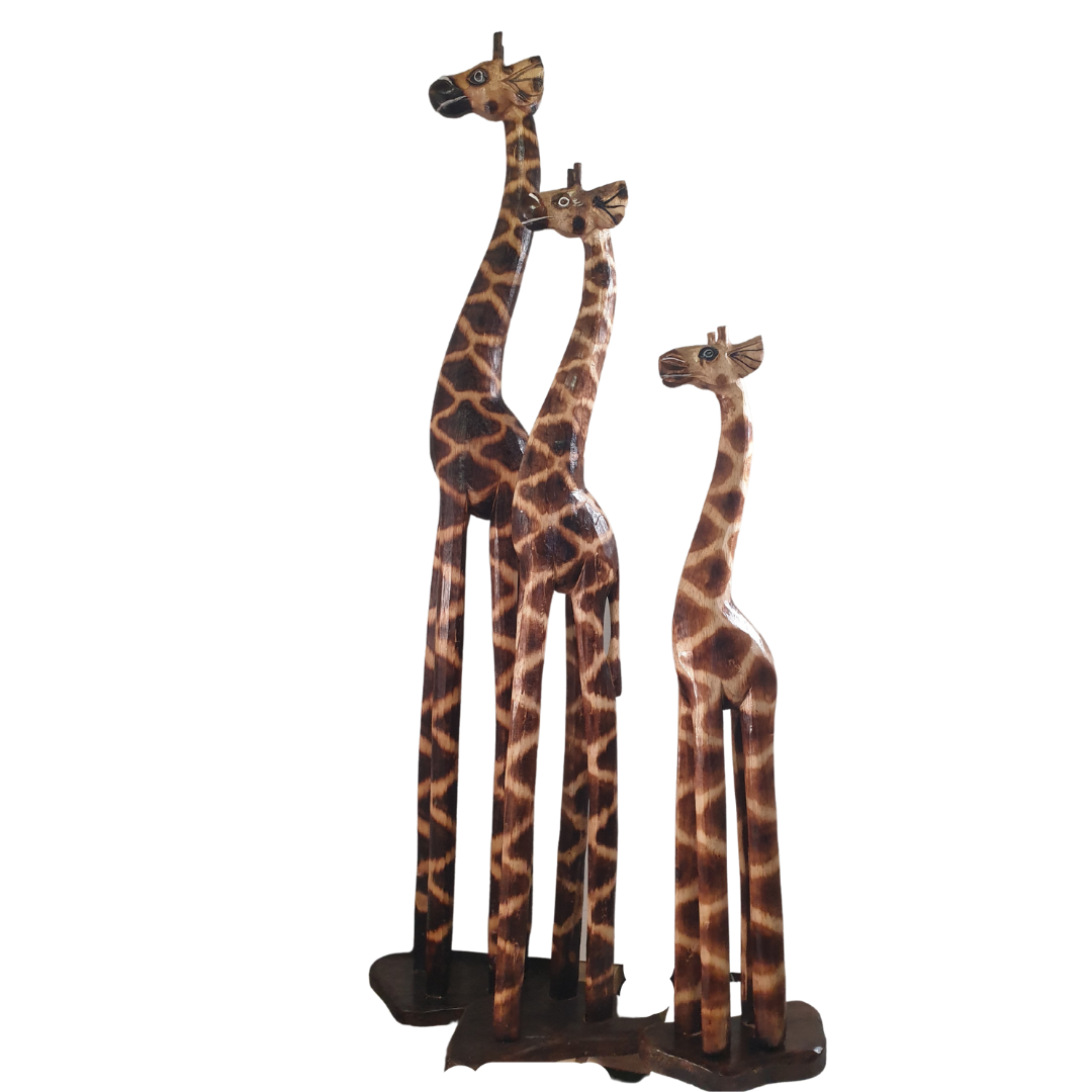 wooden giraffe statue set on white back round 