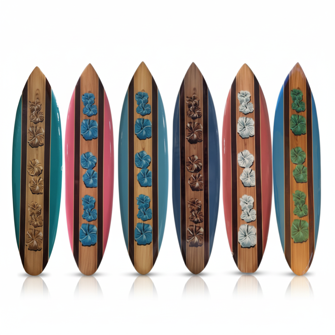 Six wooden surfboard wall art pieces with carved hibiscus flowers in teal, pink, blue, red and green