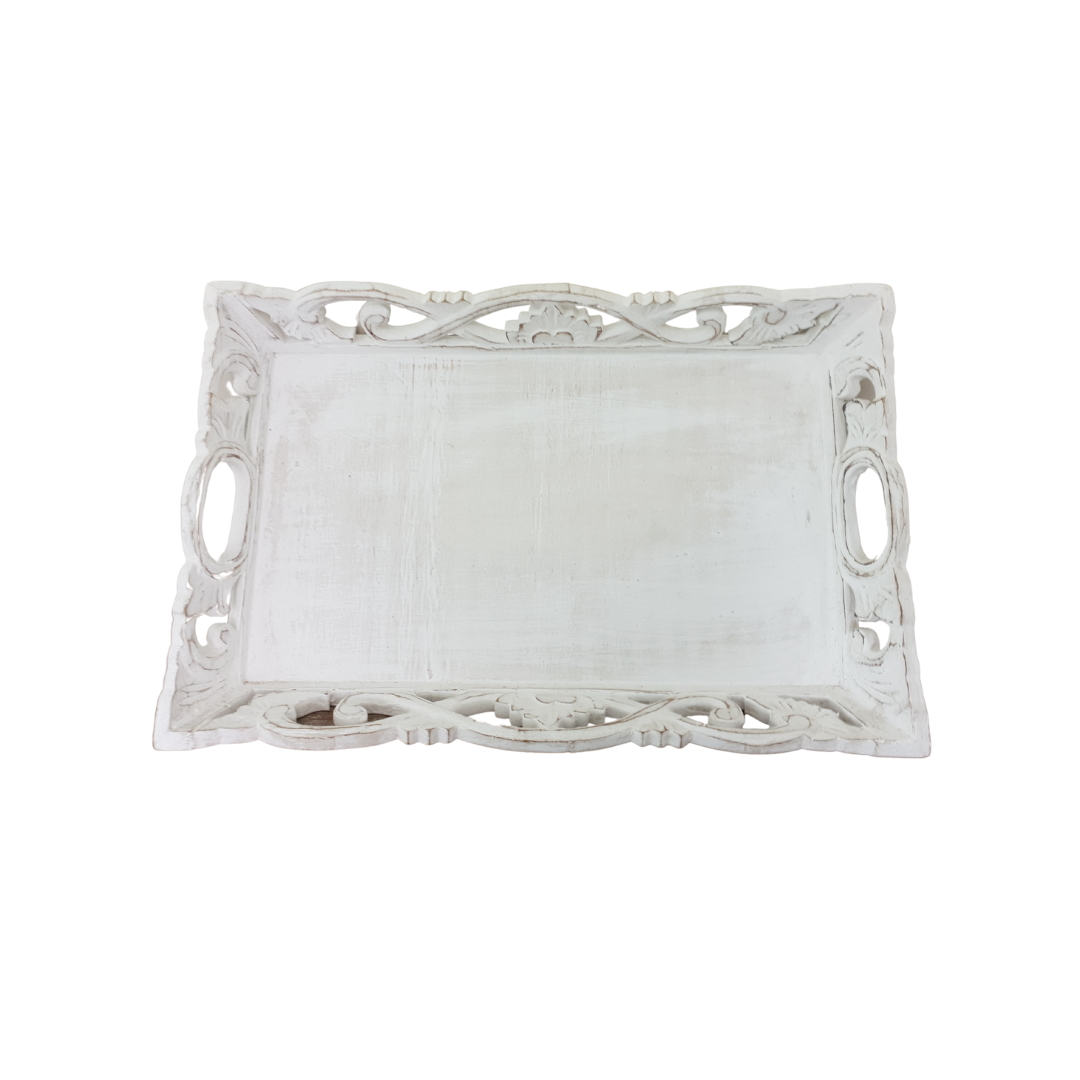 Top-down view of Balinese whitewash carved wooden tray showing intricate lattice edge carving and oval handles