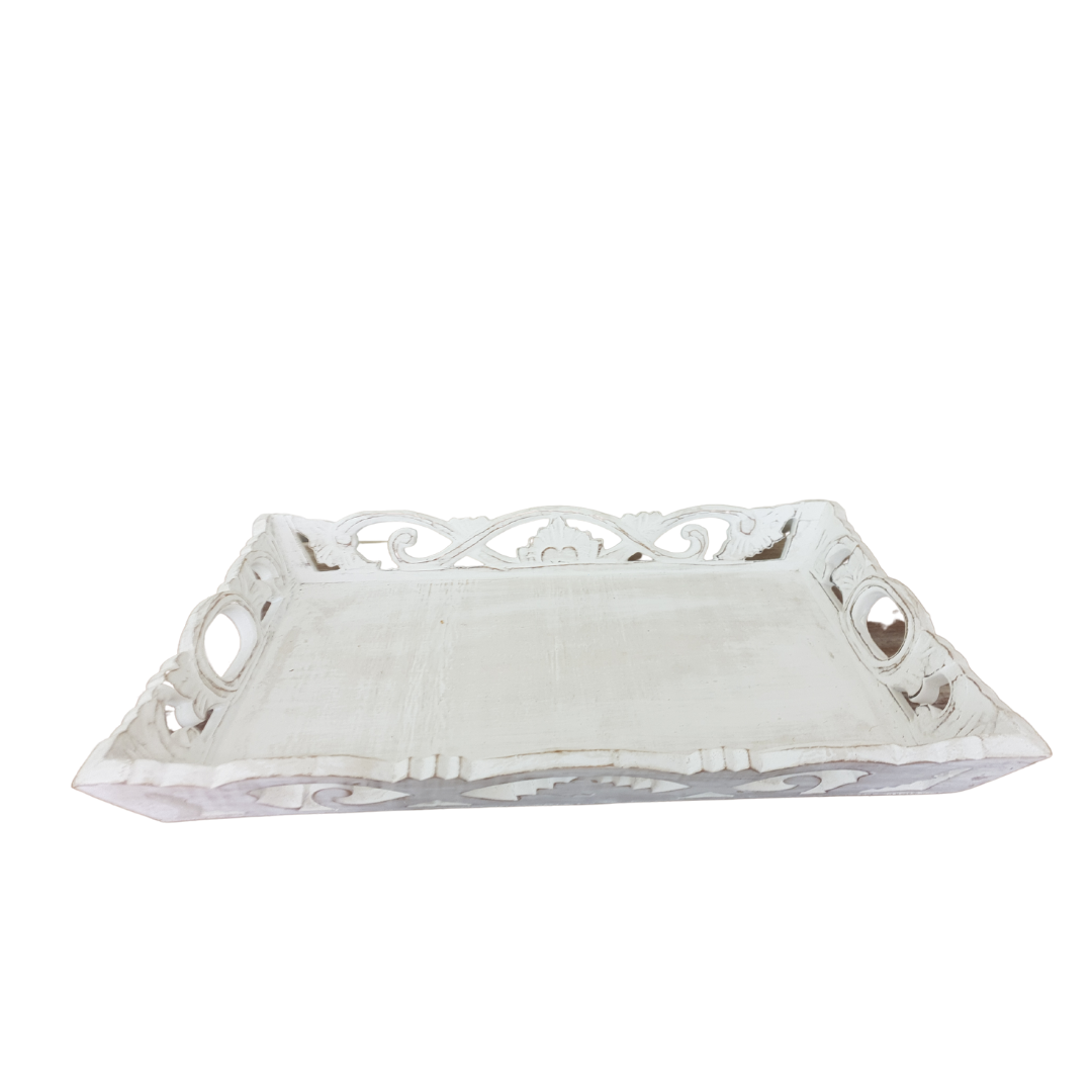 Balinese whitewash carved wooden tray with lattice edge and heart handle detail — handmade decorative tabletop art