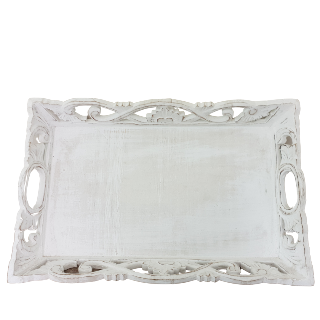Top-down view of Balinese whitewash carved wooden tray showing intricate lattice edge carving and oval handles