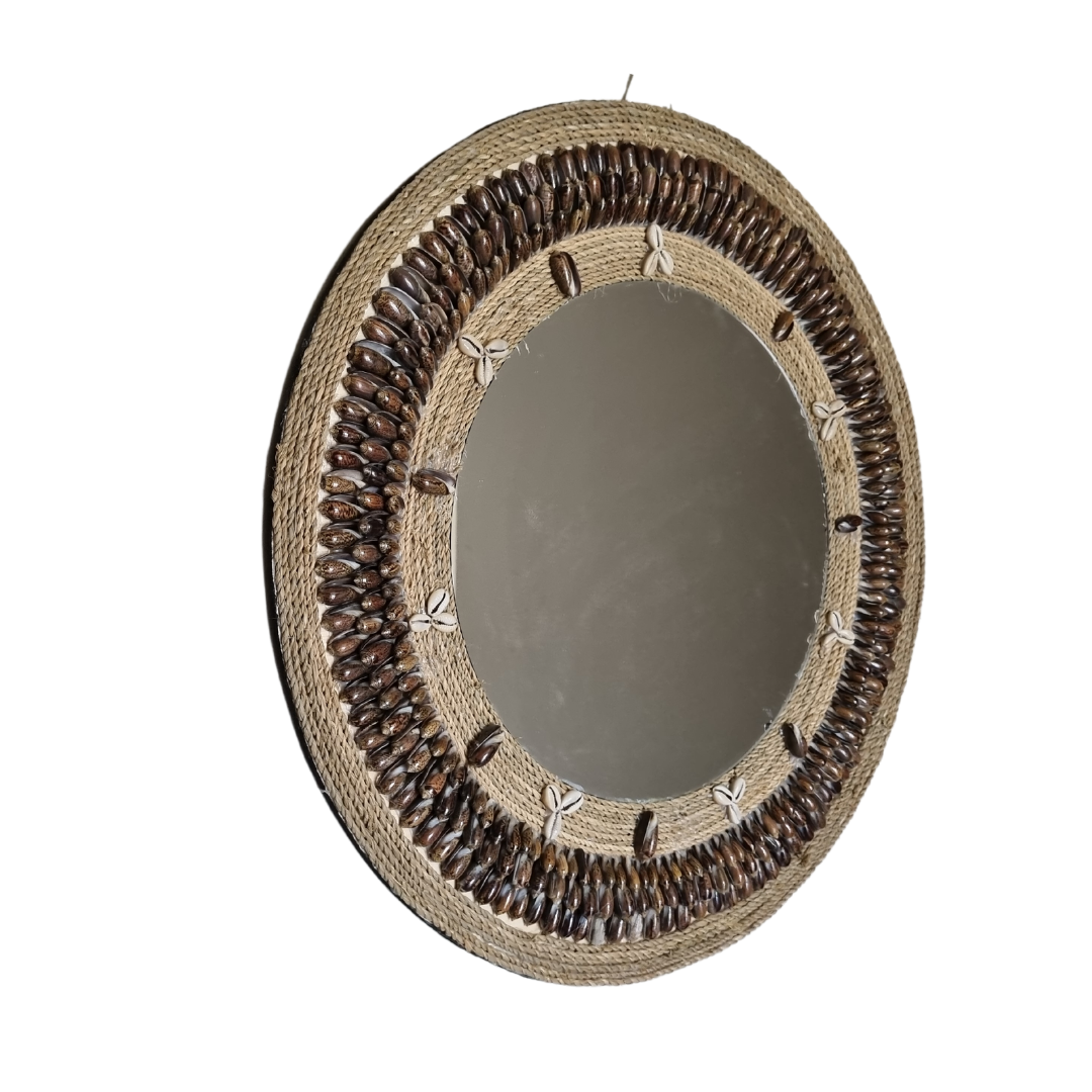 Angled view of a woven rope frame with glossy dark brown details and small cream accents on a white background size 50x50cm