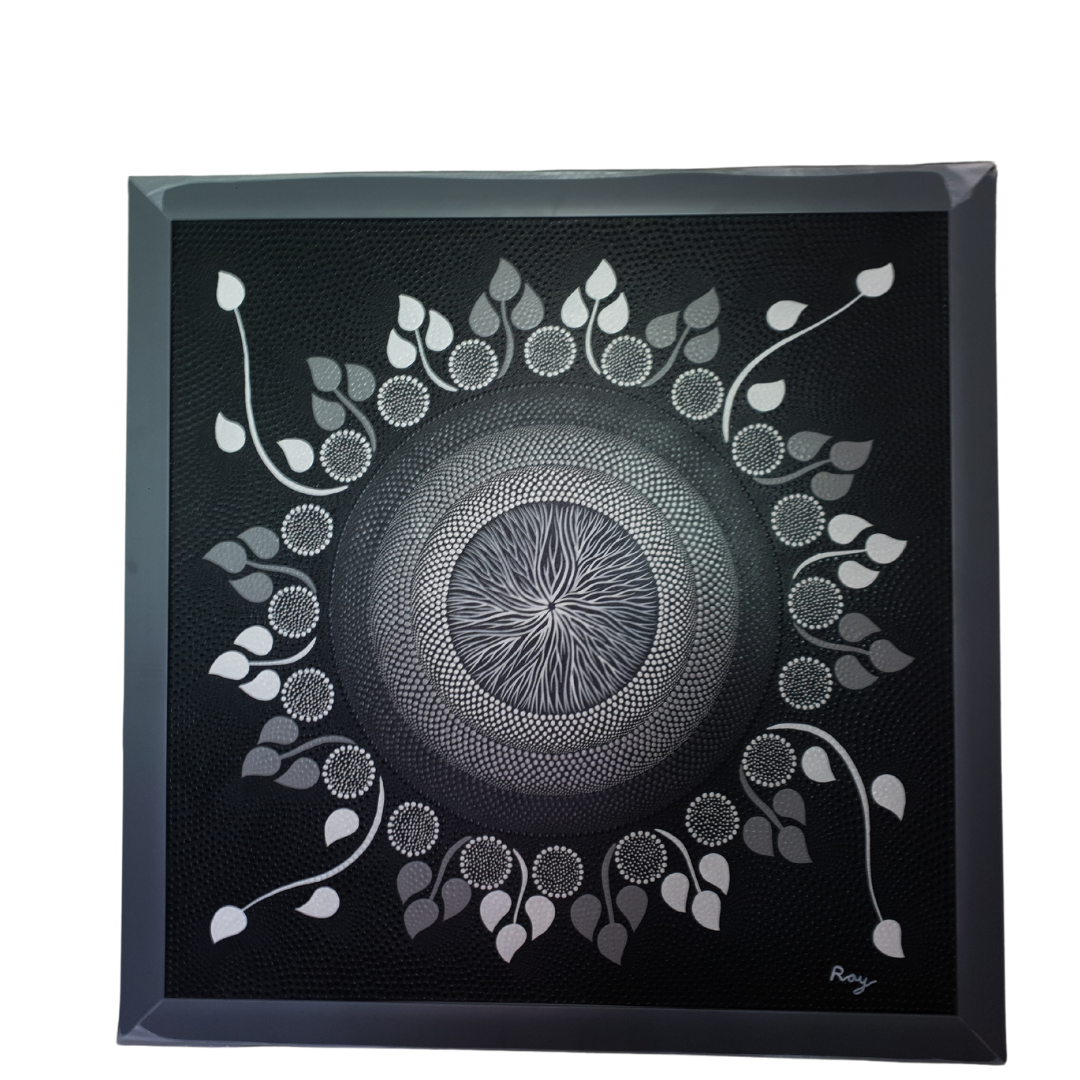 A dot art painting on a dark canvas, featuring a spiral center with leaf-like shapes and a pattern of dots in black, white, and gray radiating outward.