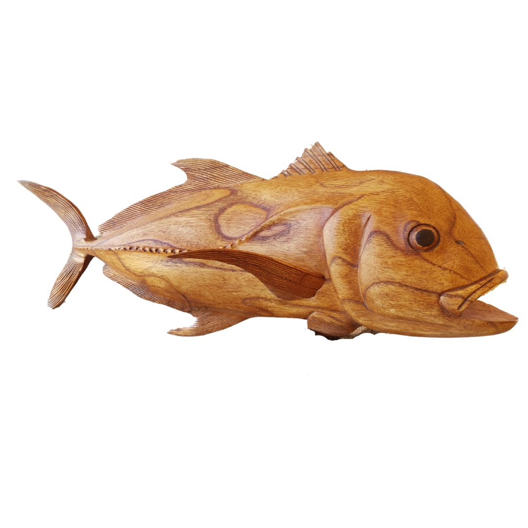 Giant Trevally wooden fish carving – wall art style, light honey Suar wood with natural grain variation, 80cm handcrafted coastal décor