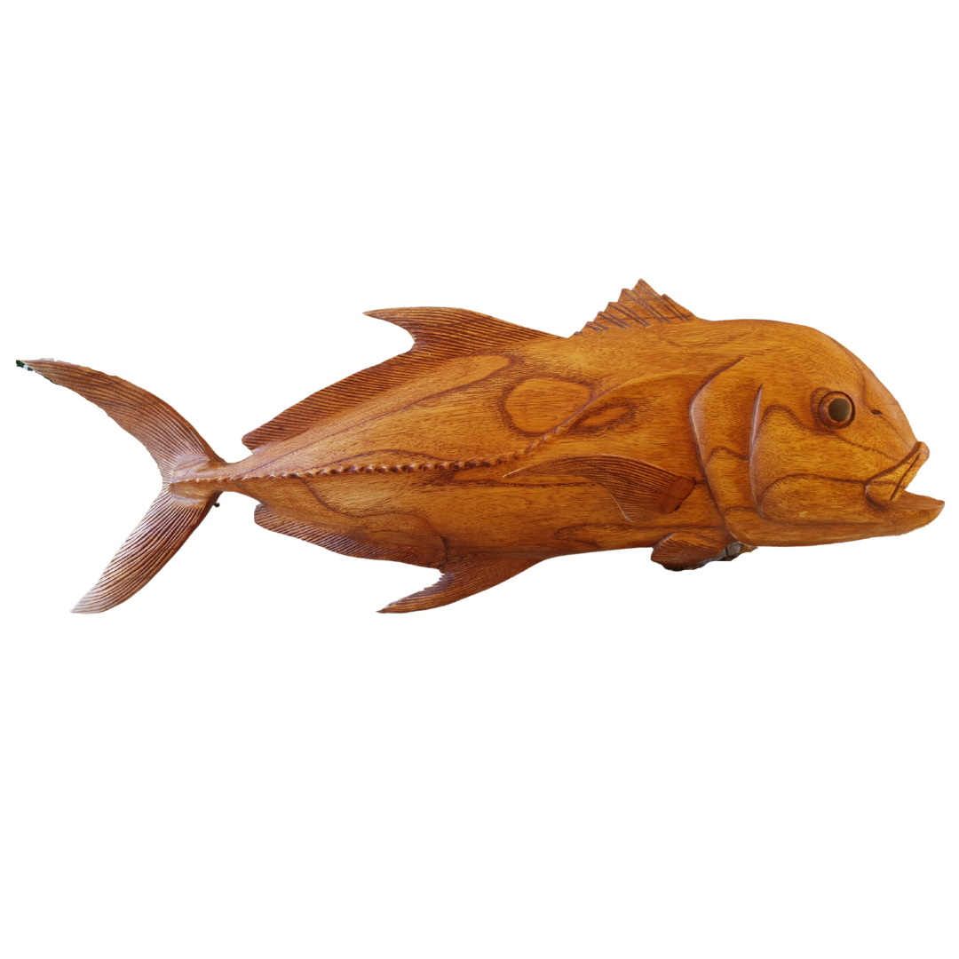 Giant Trevally wooden fish carving – wall-hanging variant, full side view showing fins and tail, warm amber Suar wood