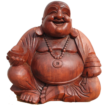A wooden statue of a smiling Buddha, known as the Happy Buddha or Laughing Buddha, sitting with a beige and brown color palette.