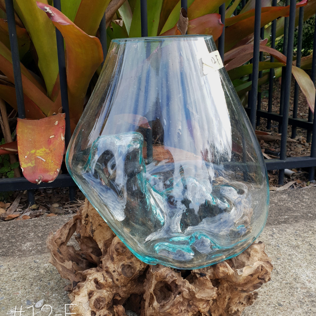 style 12-F, upright glass bowl on driftwood, outdoor setting