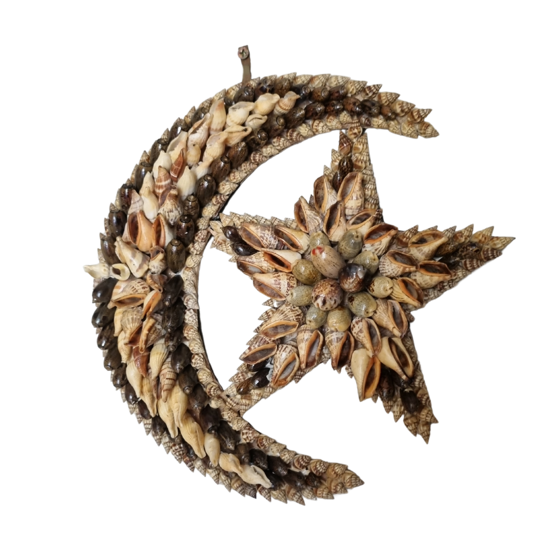 wall art pieces featuring crescent moons and starfish, made with shells and other natural materials.