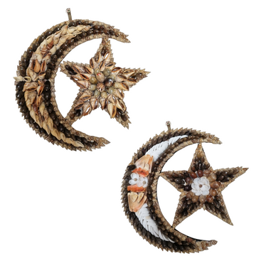 A pair of decorative wall art pieces featuring crescent moons and starfish, made with shells and other natural materials.