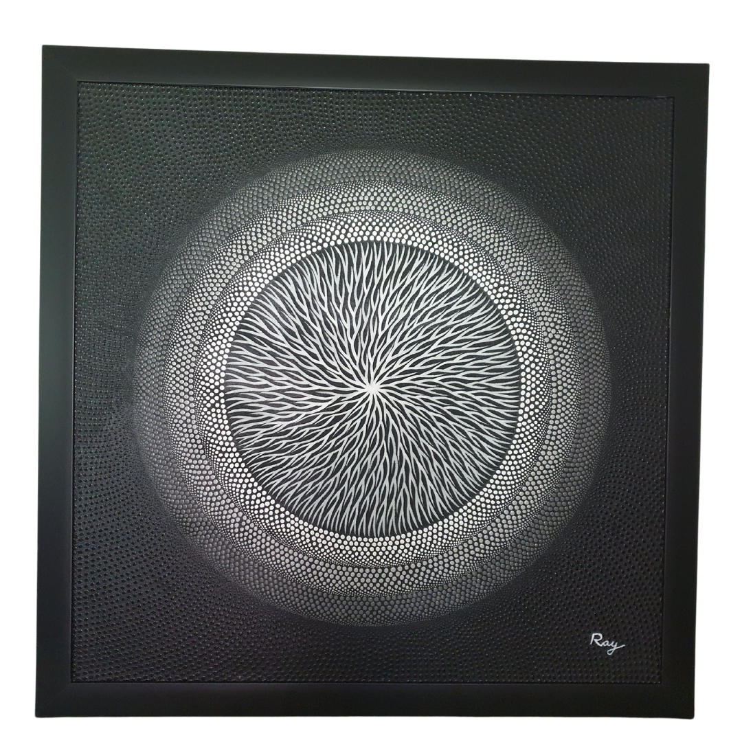 spiral style canvas painting based on black and white and gray tones on a white wall 