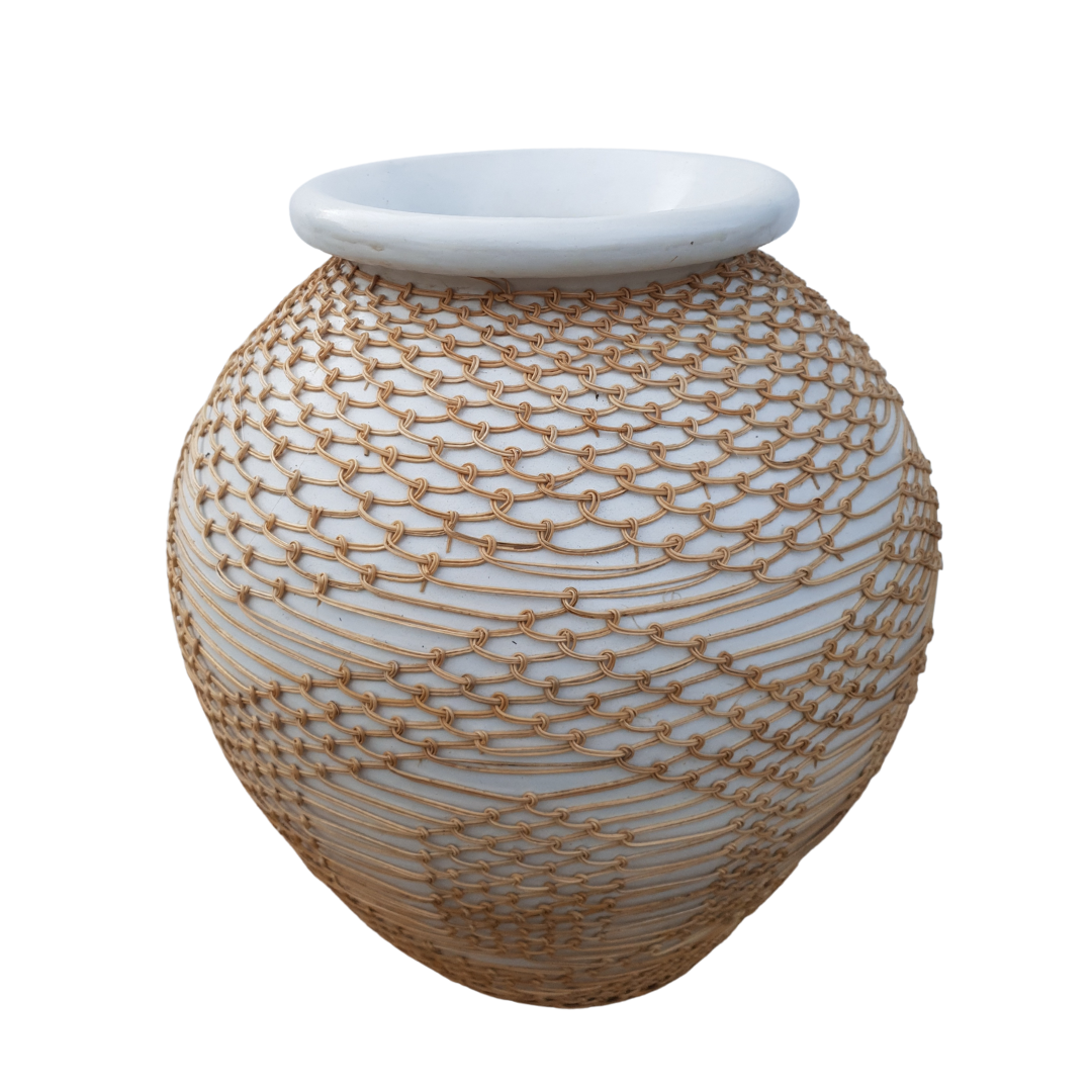 White terracotta vase with knotted rope wrap detail, globe shape with smooth white rim, photographed on rustic timber floor against white background