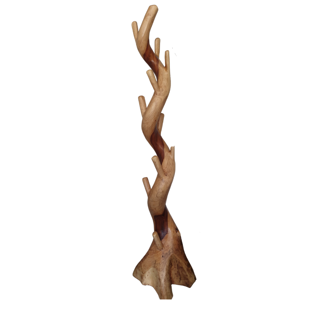 LARGE WOODEN STAND WITH HOOKS ON WHITE BACKGROUND