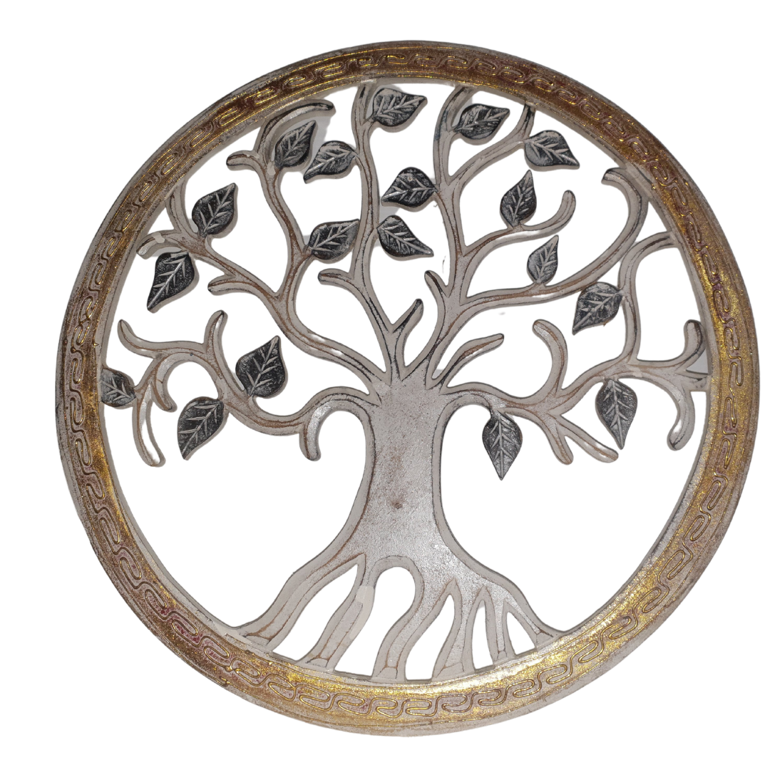 A circular wall decor depicting the Tree of Life with silver branches and black leaves, framed with a bronze-colored border.
